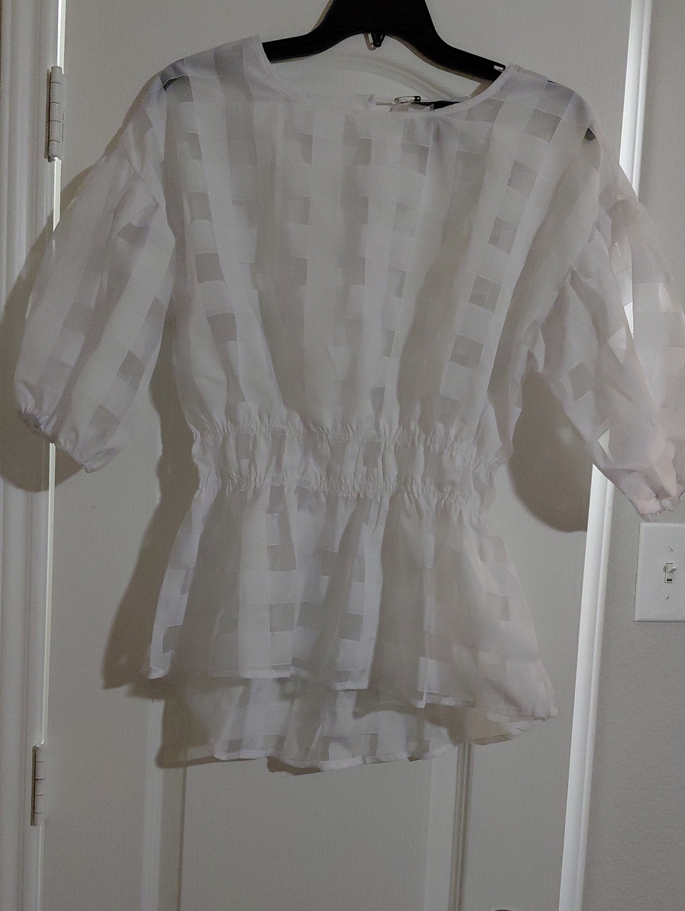 Ashley Stewart White Sheer Check Peplum Blouse
